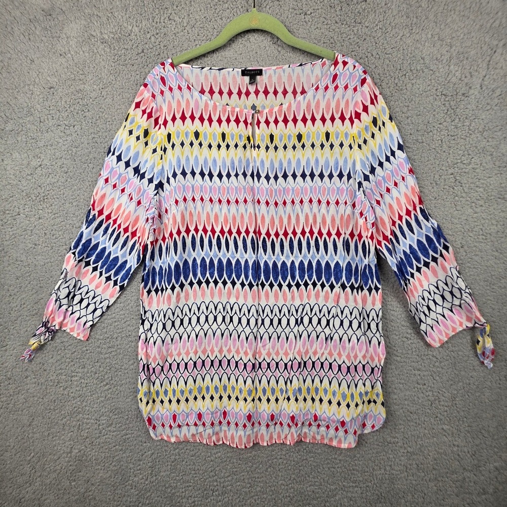 Talbots Top Womens Large Blouse‎ Geometric Ikat Print Rayon 3/4 Tie Sleeve